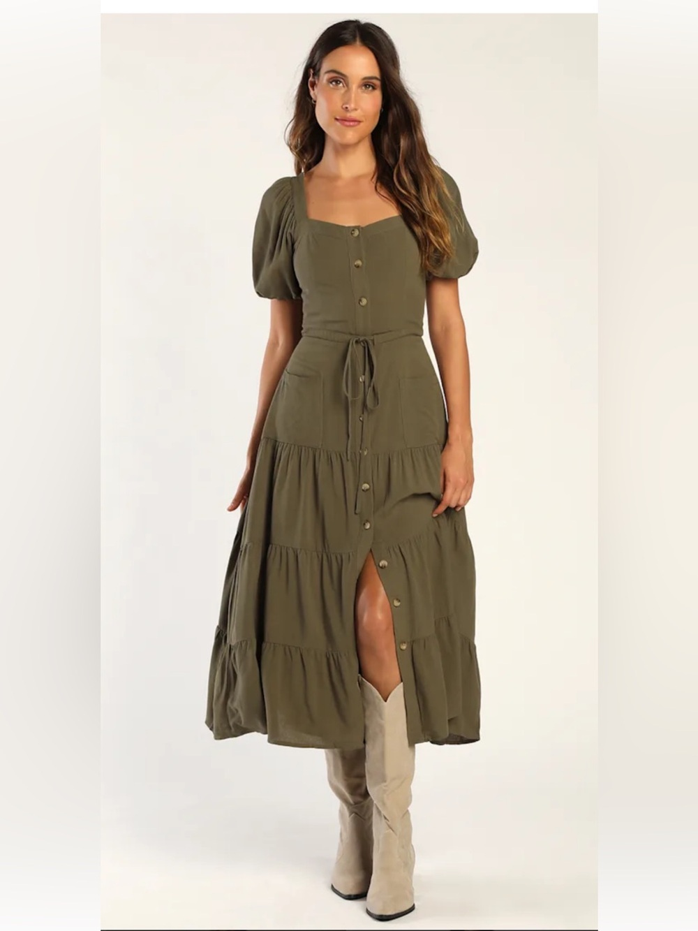 Lulu's Olive Puff-Sleeve Button-Front Tiered Midi Dress